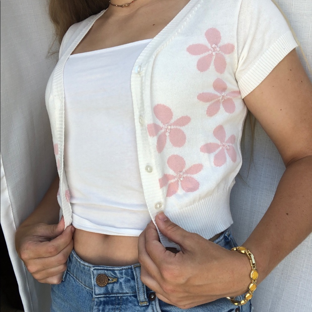 Beiza White Pink Floral Vintage Cardigan